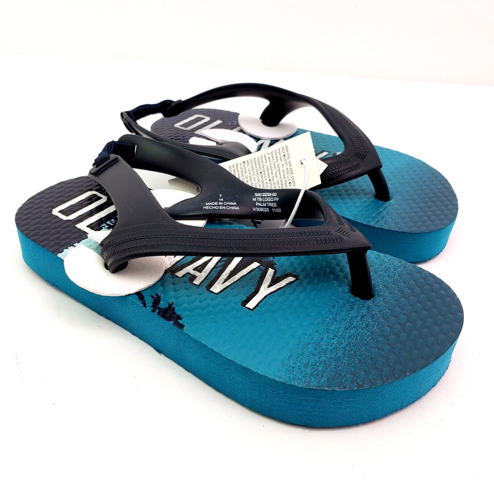 Old Navy Toddler Boys Size 7 Blue Palm Tree Slip On Back Strap Flip Flop Sandals